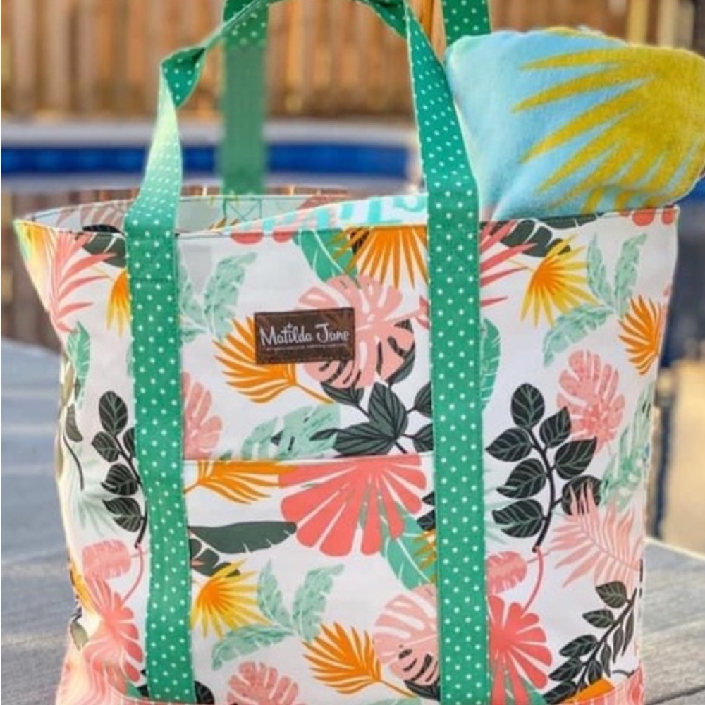 Matilda Jane Golden Island Tote - Tropical Floral Tote in Green, Coral and Mint
